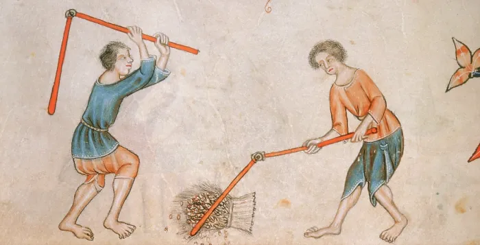 Framed Print : Two men beating corn with flails, c1300-c1340. Creator: Unknown Framed Print : Two men beating corn with flails, c1300-c1340. Creator: Unknown