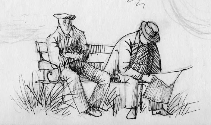 Framed Print : Two men on a bench, c1950. Creator: Shirley Markham Framed Print : Two men on a bench, c1950. Creator: Shirley Markham
