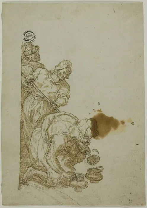Framed Print : Three Men, One Bending Over Vessels, n.d. Creator: Unknown Framed Print : Three Men, One Bending Over Vessels, n.d. Creator: Unknown