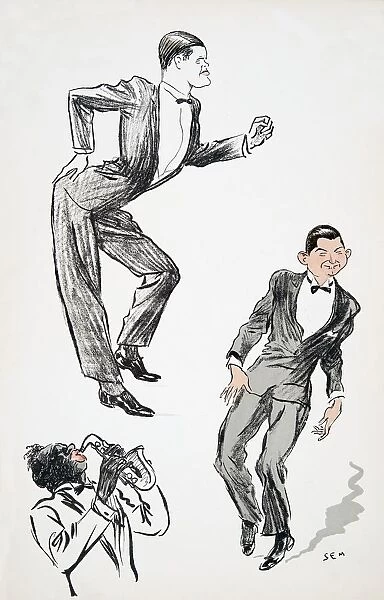 Two men in black tie dance to a musician on the saxophone, from White Bottoms pub