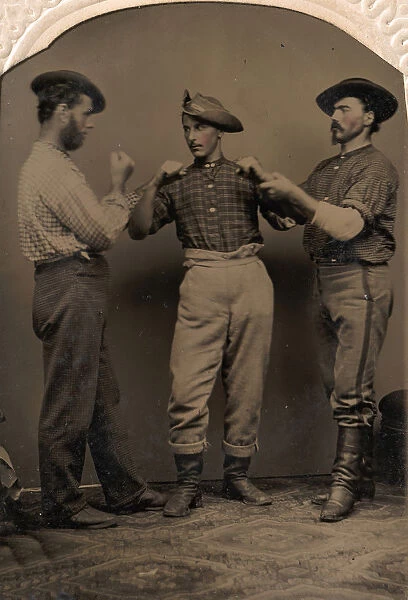 Two Men in Boxing Stance, a Third Man Adjusting One Mans Form, 1860s-80s. Creator: J. C