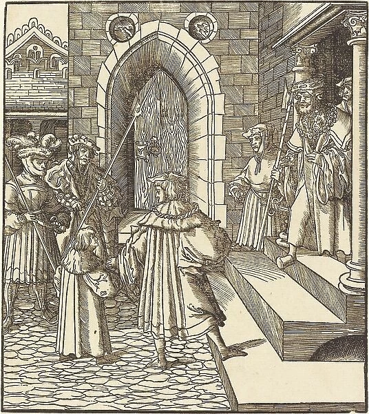 Three Men and a Boy in the Court of a Castle, to the Right Three Men on a Staircase, 1514 / 1516. Creator: Leonhard Beck