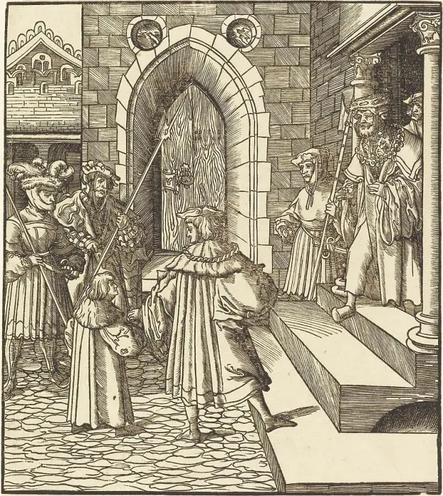 Framed Print : Three Men and a Boy in the Court of a Castle, to the Right Three Men on a Staircase, 1514 / 1516. Creator: Leonhard Beck Framed Print : Three Men and a Boy in the Court of a Castle, to the Right Three Men on a Staircase, 1514 / 1516. Creator: Leonhard Beck