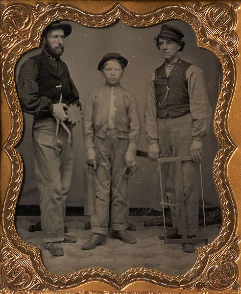Two Men and a Boy with Outside Calipers, Backsaw, Square, and Frame Saw, 1860s