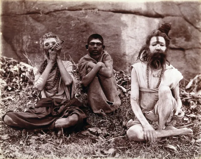 Framed Print : Two men and a boy sitting cross-legged on the ground surrounded by leaves; their faces... 1896 / 1897 Creator: Unknown Framed Print : Two men and a boy sitting cross-legged on the ground surrounded by leaves; their faces... 1896 / 1897 Creator: Unknown