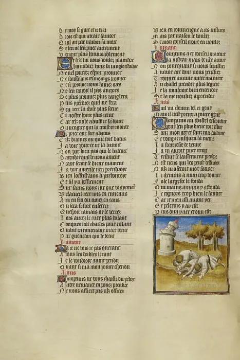 Framed Print : Three Men Cast to the Ground as the Castle of Generosity Collapses; Roman de la Rose, about 1405. Creator: Unknown Framed Print : Three Men Cast to the Ground as the Castle of Generosity Collapses; Roman de la Rose, about 1405. Creator: Unknown