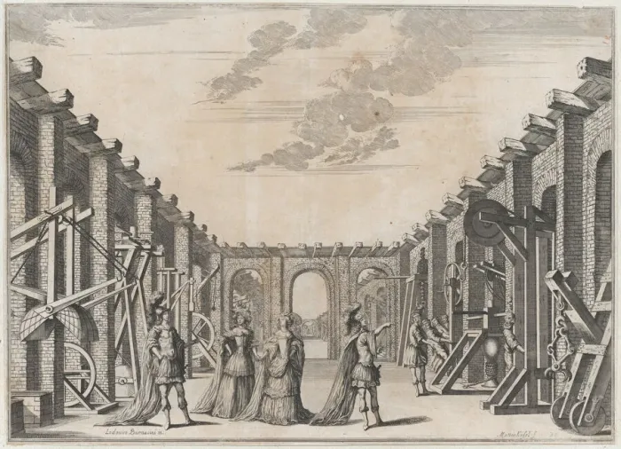 Framed Print : Two men in classical armor and two women looking at the mechanical devices on either side... 1674. Creator: Mathaus Küsel Framed Print : Two men in classical armor and two women looking at the mechanical devices on either side... 1674. Creator: Mathaus Küsel