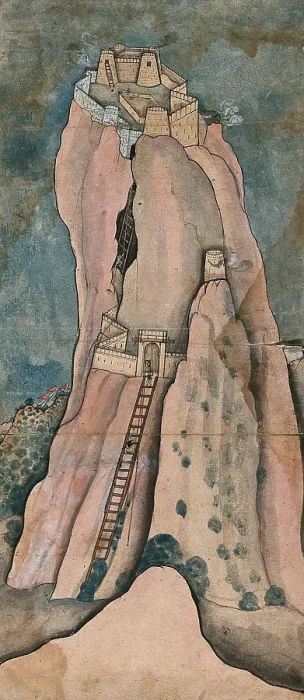 Framed Print : Men climbing a large cliff to reach the fortress on top, (between 1800 and 1899?). Creator: Unknown Framed Print : Men climbing a large cliff to reach the fortress on top, (between 1800 and 1899?). Creator: Unknown