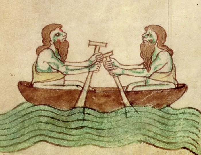 Framed Print : The men of Connaught in a coracle, after c1170. Creator: Unknown Framed Print : The men of Connaught in a coracle, after c1170. Creator: Unknown