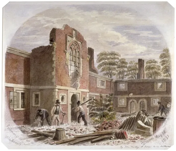 Framed Print : Men demolishing St Peters Hospital, Southwark, London, 1851. Artist: James Findlay Framed Print : Men demolishing St Peters Hospital, Southwark, London, 1851. Artist: James Findlay