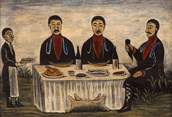 Framed Print : Three Men at Dinner, 1900s. Artist: Pirosmani, Niko (1862-1918) Framed Print : Three Men at Dinner, 1900s. Artist: Pirosmani, Niko (1862-1918)