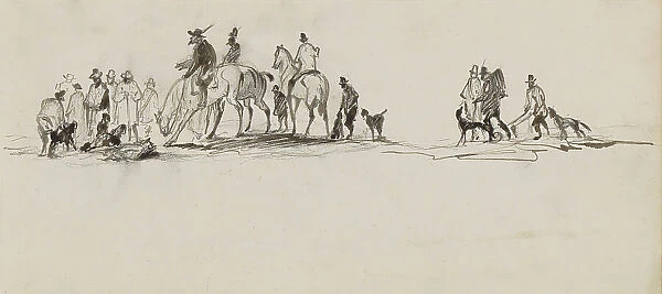 Men with dogs, on foot and on horseback, 1840-1868. Creator: Johannes Tavenraat