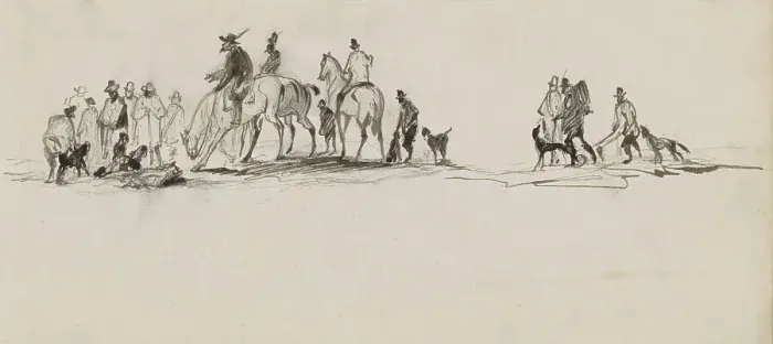 Framed Print : Men with dogs, on foot and on horseback, 1840-1868. Creator: Johannes Tavenraat Framed Print : Men with dogs, on foot and on horseback, 1840-1868. Creator: Johannes Tavenraat