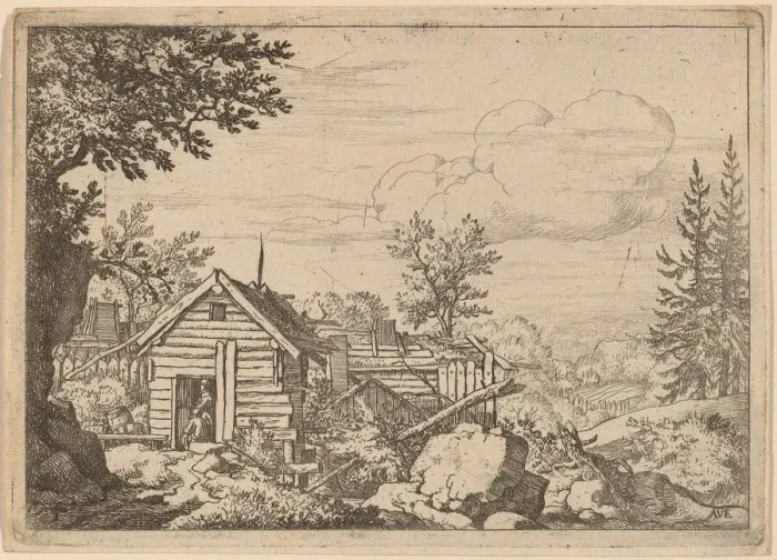 Framed Print : Two Men in the Doorway of a Hut, probably c. 1645 / 1656. Creator: Allart van Everdingen Framed Print : Two Men in the Doorway of a Hut, probably c. 1645 / 1656. Creator: Allart van Everdingen