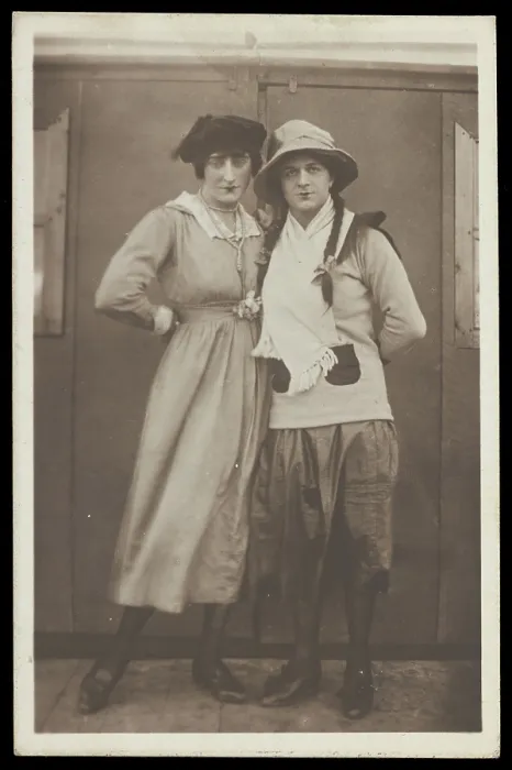 Framed Print : Two men, both in drag, pose wearing hats and make-up, c1918. Creator: Unknown Framed Print : Two men, both in drag, pose wearing hats and make-up, c1918. Creator: Unknown
