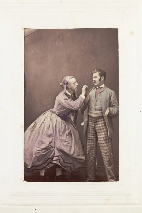 Framed Print : Two men, one in drag, posing in disagreement, [between 1890 and 1899?]. Creator: Unknown