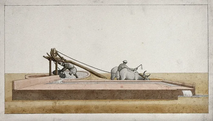 Framed Print : Two men drawing water from a well to channel into the fields, (between 1800 and 1899?). Creator: Unknown Framed Print : Two men drawing water from a well to channel into the fields, (between 1800 and 1899?). Creator: Unknown