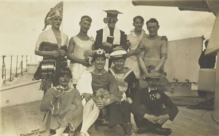 Framed Print : Nine men dressed up on deck, [between 1920 and 1929?]. Creator: Unknown