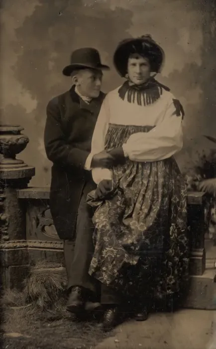 Framed Print : Two Men, One Dressed in Womens Attire, Holding Hands, 1870s-80s. Creator: Unknown Framed Print : Two Men, One Dressed in Womens Attire, Holding Hands, 1870s-80s. Creator: Unknown