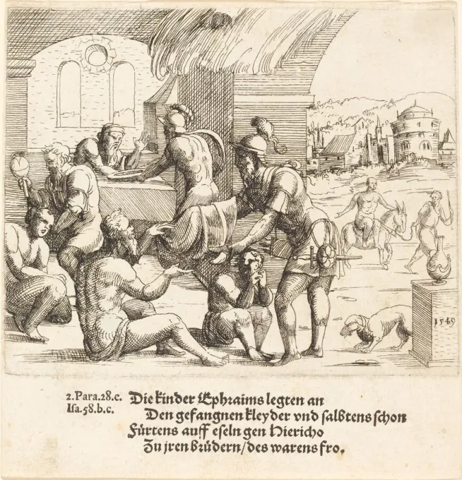 Framed Print : The Men of Ephraim Care for their Captives and Return Them to Jerico, 1549 Framed Print : The Men of Ephraim Care for their Captives and Return Them to Jerico, 1549