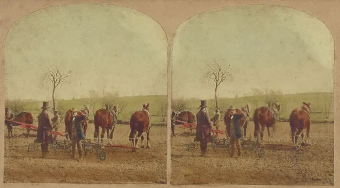 Framed Print : Two men in field with an agricultural machine hooked up to a team of horses, about 1865. Creator: Unknown Framed Print : Two men in field with an agricultural machine hooked up to a team of horses, about 1865. Creator: Unknown