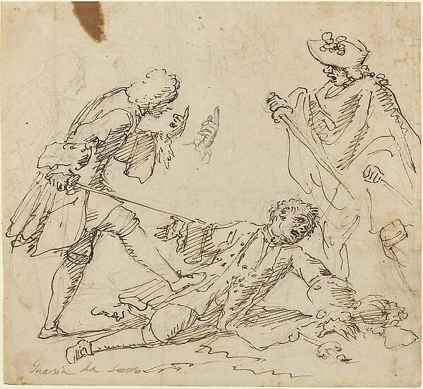 Three Men Fighting, c. 1700. Creator: Unknown