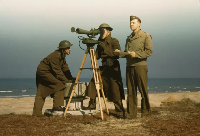 Framed Print : Men of Fort Story operate an azimuth instrument, to measure the angle... Fort Story, Va. 1942. Creator: Alfred T Palmer Framed Print : Men of Fort Story operate an azimuth instrument, to measure the angle... Fort Story, Va. 1942. Creator: Alfred T Palmer
