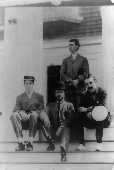 Framed Print : Four men, friends of Frances Benjamin Johnston, posed on porch, between 1900? and 1930. Creator: Frances Benjamin Johnston Framed Print : Four men, friends of Frances Benjamin Johnston, posed on porch, between 1900? and 1930. Creator: Frances Benjamin Johnston