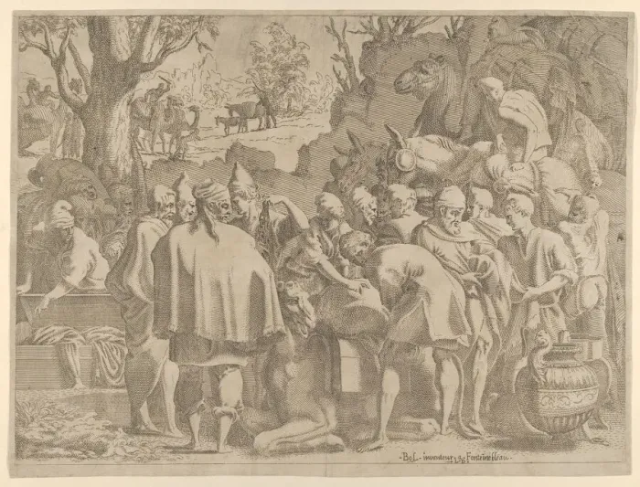 Framed Print : Men Gathered Around a Camel, mid-16th century. Creator: Leon Davent Framed Print : Men Gathered Around a Camel, mid-16th century. Creator: Leon Davent