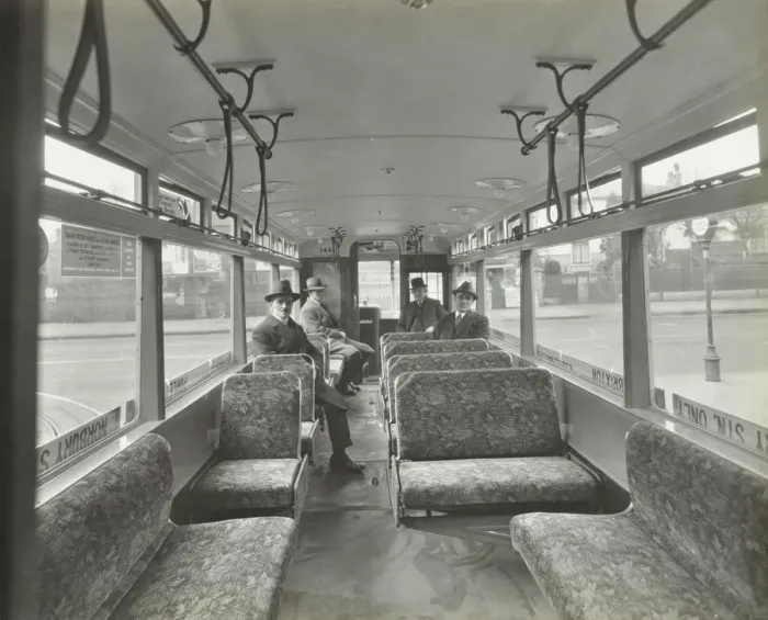 Framed Print : Men in hats and coats in the interior of an electric tram, London, 1933 Framed Print : Men in hats and coats in the interior of an electric tram, London, 1933