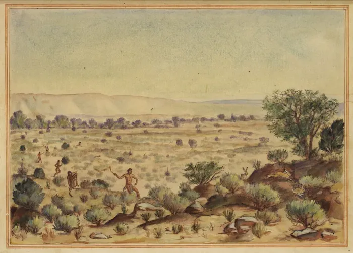Framed Print : Men Hunting Rabbits, 20th century. Creator: Unknown Framed Print : Men Hunting Rabbits, 20th century. Creator: Unknown