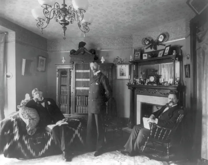 Framed Print : Three men in an interior, between c1890 and c1910. Creator: Frances Benjamin Johnston