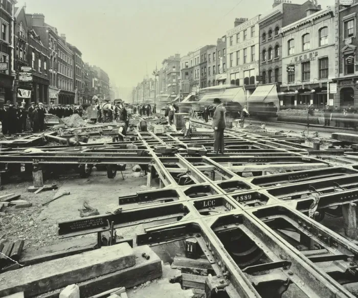 Framed Print : Men laying tramlines at a junction, Whitechapel High Street, London, 1929 Framed Print : Men laying tramlines at a junction, Whitechapel High Street, London, 1929