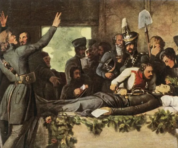 Framed Print : Men of the Lützow Free Corps with Korners body, 26 August 1813, (1936) Framed Print : Men of the Lützow Free Corps with Korners body, 26 August 1813, (1936)
