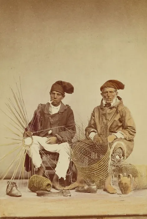 Framed Print : Two men making baskets, 1865-1870. Creator: Giorgio Sommer Framed Print : Two men making baskets, 1865-1870. Creator: Giorgio Sommer