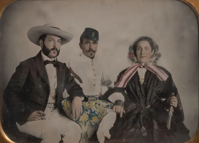 Framed Print : Two Men, One in Military Garb, and a Woman, Seated Around a Table, 1860s Framed Print : Two Men, One in Military Garb, and a Woman, Seated Around a Table, 1860s