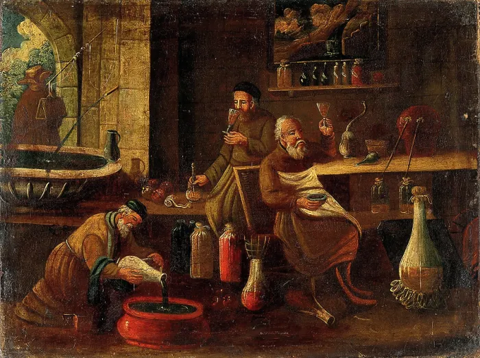 Framed Print : Men (monks?) making and sampling wines, spirits, or other beverages or medicines. Creator: Unknown Framed Print : Men (monks?) making and sampling wines, spirits, or other beverages or medicines. Creator: Unknown