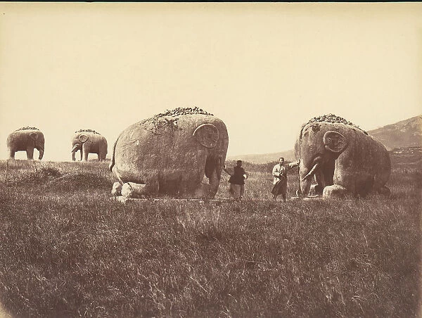 Two Men by Monumental Elephant Statues, China, 1860s-70s. Creator: Unknown