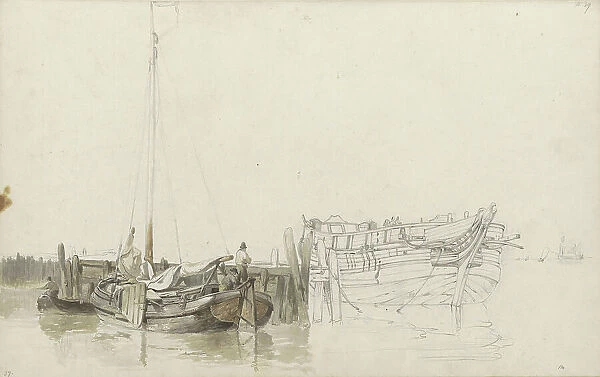 Men on a moored fishing boat at a quay, 1797-1838. Creator: Johannes Christiaan Schotel
