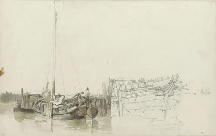 Framed Print : Men on a moored fishing boat at a quay, 1797-1838. Creator: Johannes Christiaan Schotel Framed Print : Men on a moored fishing boat at a quay, 1797-1838. Creator: Johannes Christiaan Schotel