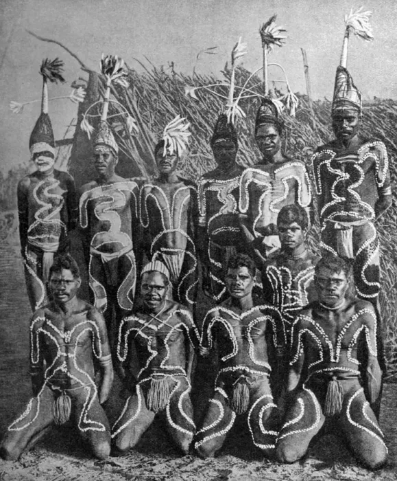 Framed Print : Men of the Never Never land, in totem attire, Australia, 1922. Artist: PJ MacMahon Framed Print : Men of the Never Never land, in totem attire, Australia, 1922. Artist: PJ MacMahon