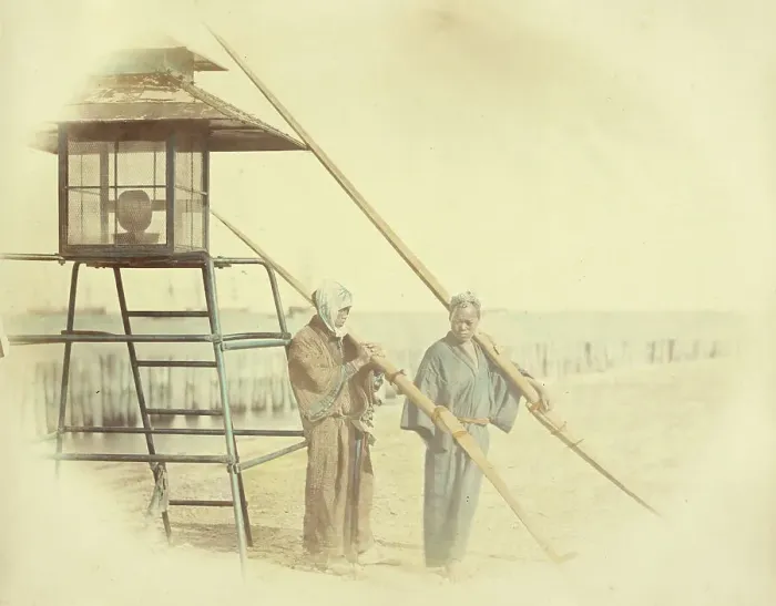 Framed Print : Two Men with Oars Standing Next to a Lantern, 1866-1867. Creator: Felice Beato Framed Print : Two Men with Oars Standing Next to a Lantern, 1866-1867. Creator: Felice Beato