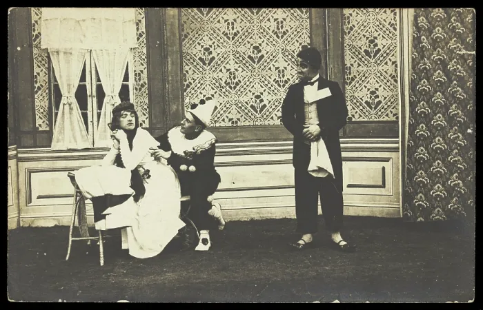 Framed Print : Three men performing a scene from a play, [between 1910 and 1919?]. Creator: Unknown