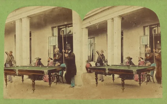 Framed Print : Men playing pool, about 1860. Creator: Unknown Framed Print : Men playing pool, about 1860. Creator: Unknown