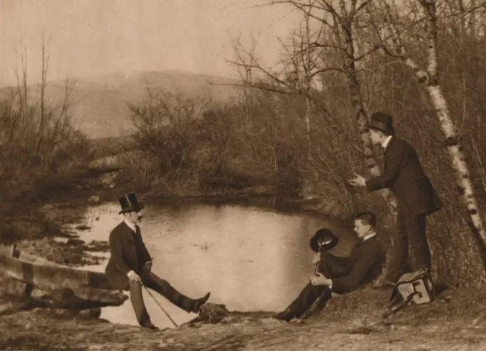 Framed Print : Three men by pond, 1937. Artist: Louis Guichard Framed Print : Three men by pond, 1937. Artist: Louis Guichard