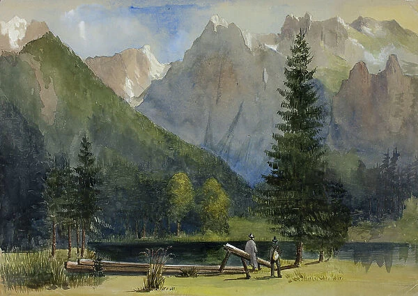 Two Men by Pond below Alps, 1800-1899. Creator: Unknown