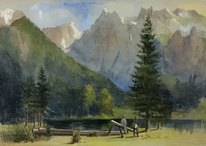 Framed Print : Two Men by Pond below Alps, 1800-1899. Creator: Unknown Framed Print : Two Men by Pond below Alps, 1800-1899. Creator: Unknown
