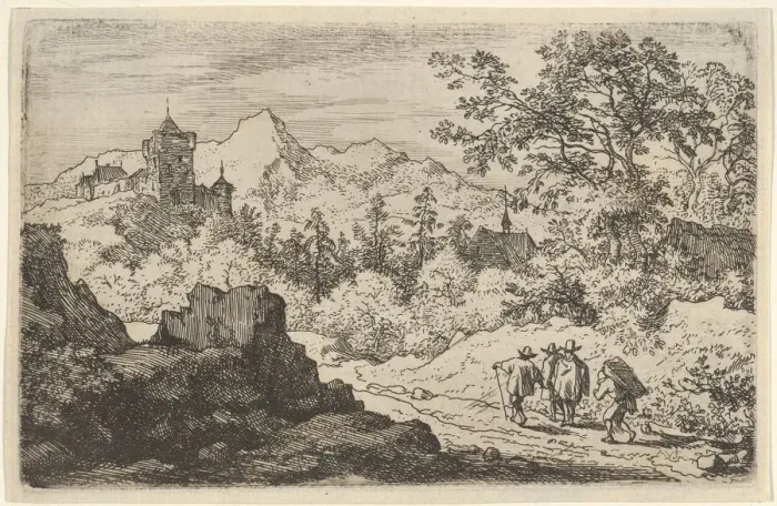 Framed Print : The Three Men and the Porter, 17th century. Creator: Allart van Everdingen Framed Print : The Three Men and the Porter, 17th century. Creator: Allart van Everdingen