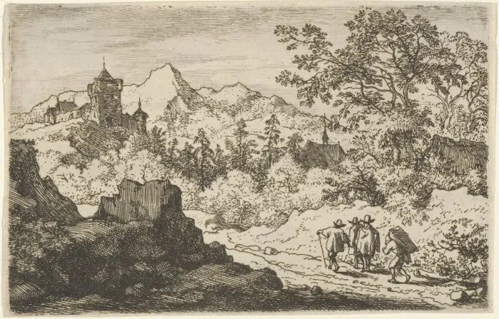 Framed Print : The Three Men and the Porter, 17th century. Creator: Allart van Everdingen Framed Print : The Three Men and the Porter, 17th century. Creator: Allart van Everdingen