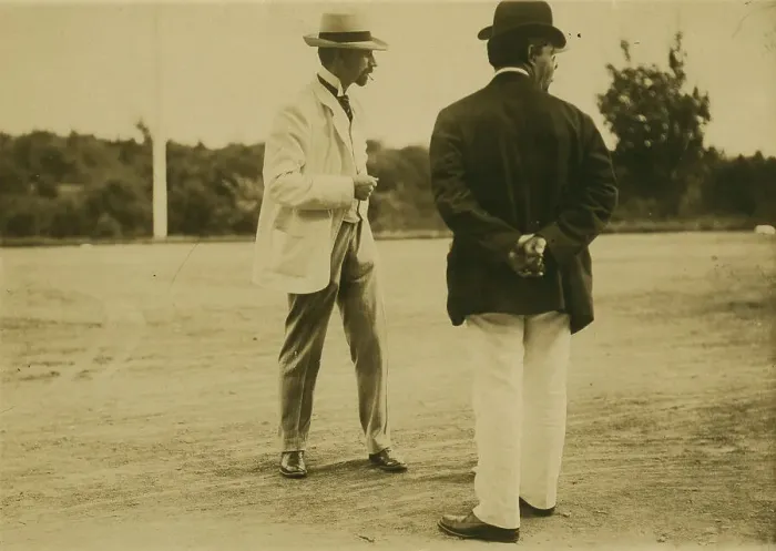 Framed Print : Two men, probably journalists, standing on a field, 1905. Creator: Unknown Framed Print : Two men, probably journalists, standing on a field, 1905. Creator: Unknown